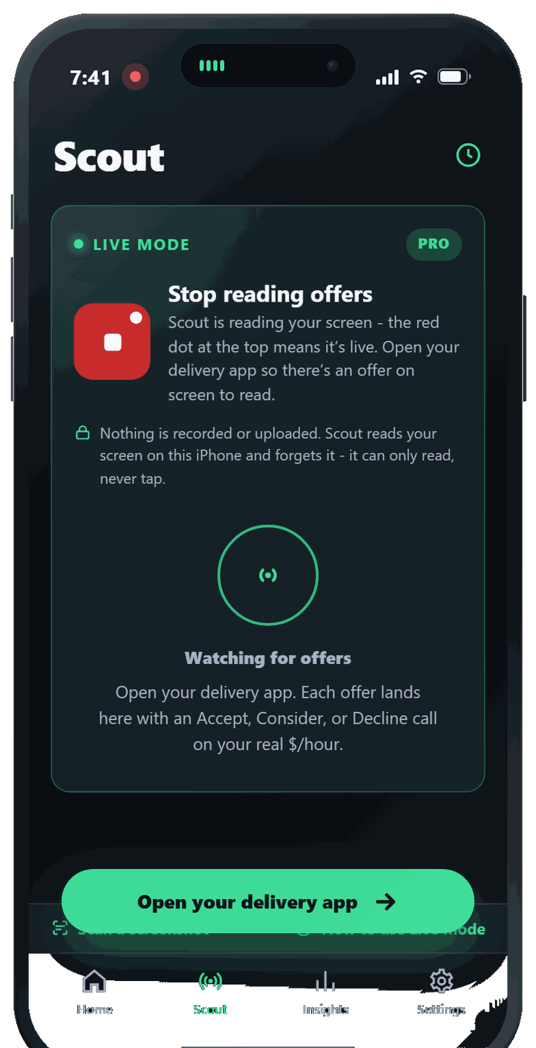 Delivery Scout iOS app on an iPhone, scoring a delivery offer in real time